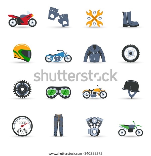 Motorcycle flat icons set with\
scooter helmet motor speedometer isolated vector\
illustration