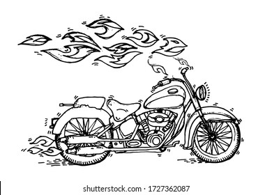 Motorcycle flying on the road with fire flames. Fire flames rider. Motorbike ride, motocross or race sport. Speed, recreation, hobby, adrenaline, motto. Doodle style sketch vector illustration