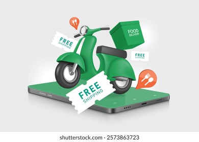 Motorcycle with food delivery driver's rectangular food box or bag. and free delivery promotion tags Floating in air on smartphone screen After customer confirms order, vector 3d illustration isolated