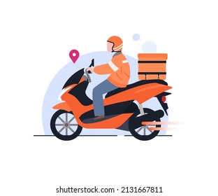 Motorcycle Food Delivery Service with rider and speed line, location sign