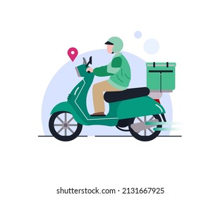 Motorcycle Food Delivery Service with rider and speed line, location sign