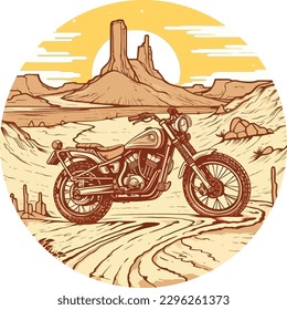 motorcycle  in front of a desert Hand drawn illustration, motorcycle Hand drawn illustration design, tshirt design illustration