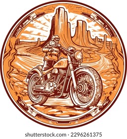 motorcycle  in front of a desert Hand drawn illustration, motorcycle Hand drawn illustration design, tshirt design illustration