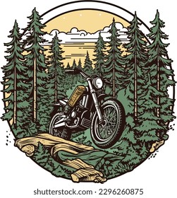 motorcycle  in front of a forest Hand drawn illustration, motorcycle Hand drawn illustration design, tshirt design illustration