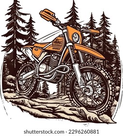 motorcycle  in front of a forest Hand drawn illustration, motorcycle Hand drawn illustration design, tshirt design illustration