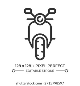 Icono de línea perfecta de píxeles de vista frontal de motocicleta. Vehículo potente del deporte de motor. Transporte de motor de dos ruedas. Ilustración vectorial aislada. Símbolo de contorno. Dibujo lineal simple. Trazo editable