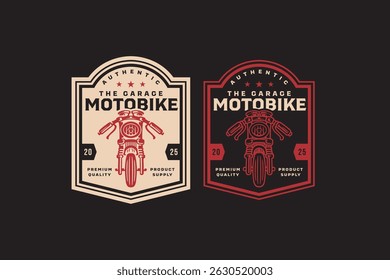 motorcycle front view retro badge logo vector design set for garage, workshop, racing. drag race motorbike vintage emblem logo graphic collections. classic motorcycle illustration element designs