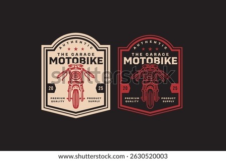 motorcycle front view retro badge logo vector design set for garage, workshop, racing. drag race motorbike vintage emblem logo graphic collections. classic motorcycle illustration element designs