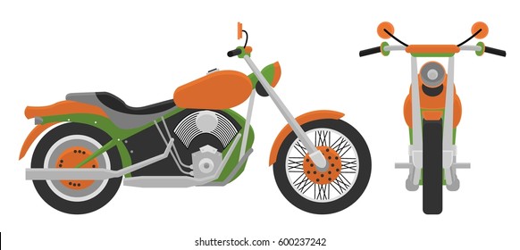 Motorcycle, front view, side view. vector illustration. Flat design style. Isolated on a white background.