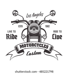 Motorcycle front view vector monochrome vintage emblem with ribbon and sample text isolated on white background