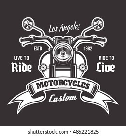 Motorcycle front view vector vintage emblem with ribbon and sample text on dark background