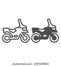 Motorcycle with front window glass line and solid icon, desert transport concept. Vector graphics. Desert motorbike vehicle sign on white background, outline style icon for mobile or web design