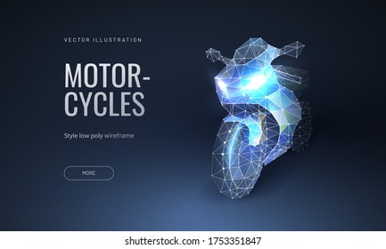 Motorcycle futuristic vector illustration isolated on blue background. Concept for landing page of motorcyclist sports racing. Glowing isometric motorcycle concept for racing events