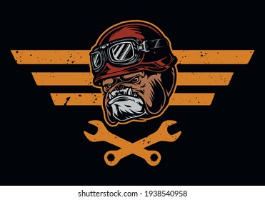 Motorcycle garage repair service badge with crossed spanners and serious bulldog head in moto helmet and goggles isolated vector illustration