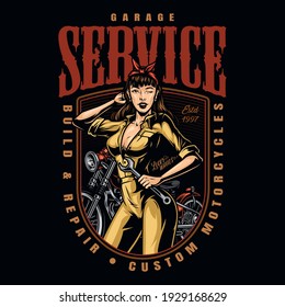 Motorcycle Garage Service Vintage Label With Inscriptions Motorbike Attractive Winking Woman Wearing Yellow Mechanic Uniform And Holding Spanner Isolated Vector Illustration
