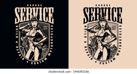 Motorcycle garage service vintage print with pretty winking woman wearing headband and uniform and holding wrench in monochrome style isolated vector illustration