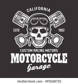 Motorcycle garage vector biker emblem, label or logo with skull in helmet and two crossed pistons isolated on dark background