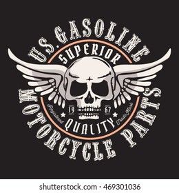 Motorcycle gasoline skull typography, t-shirt graphics, vectors