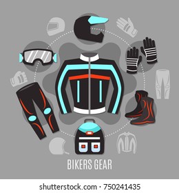 Motorcycle gear flat concept with set of biker clothes and accessories icons in circle design vector illustration 