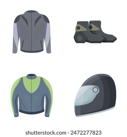 Iconos de engranajes de motocicleta conjunto de dibujos animados Vector. Traje de pilotaje y equipo de protección. Deporte de motor