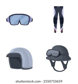 Motorcycle gear icons set cartoon vector. Moto riding suit and protective gear. Motor sport