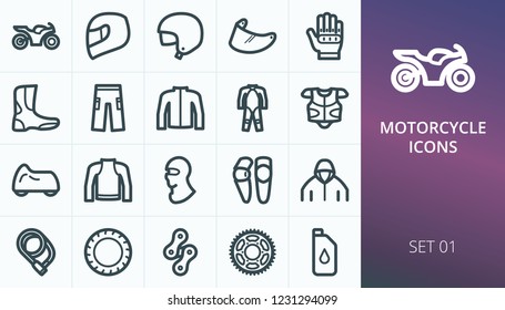 Motorcycle gear and parts icons set. Set of moto equipment, motorcycle helmet, body armor, gloves, moto pants, jacket, boots vector icons