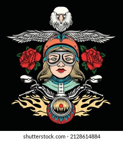 Motorcycle Girl. Illustration Design Surrounded By Eagle, Wings And Roses. 