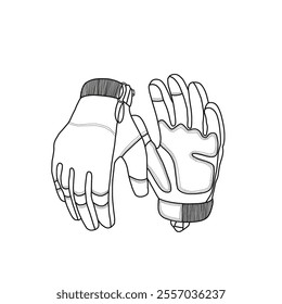 Motorcycle gloves with a hard shell and palm padding line art isolated on a white background.