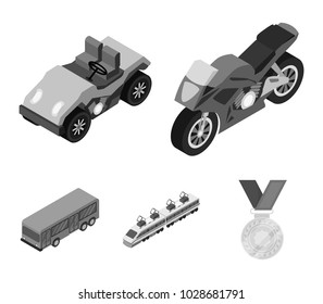 Motorcycle, golf cart, train, bus. Transport set collection icons in monochrome style vector symbol stock illustration web.