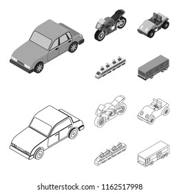 Motorcycle, golf cart, train, bus. Transport set collection icons in outline,monochrome style vector symbol stock illustration web.