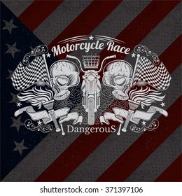 Motorcycle Graphics Illustration on USA Flag Background. T-shirt Design