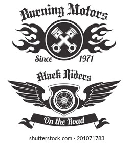 Motorcycle grunge black riders burning motors labels set isolated vector illustration