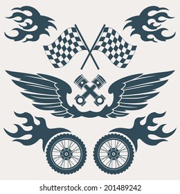 Motorcycle grunge design elements set of wings flags flame isolated vector illustration