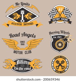Motorcycle grunge no limits custom motors design badges set isolated vector illustration.