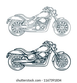 
Motorcycle hand drawn vector illustrations set.
Motorbike isolated on a white background. Vintage chopper motorcycle.