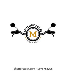 Motorcycle handlebar vintage logo design with letter M, Retro bikers logo template, motorcycles club, garage and service repair business logo