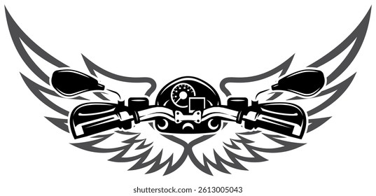 Motorcycle Handlebar with Wings and Speedometer in Black and White Design.
