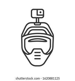 Motorcycle helmet with action camera black line icon. Photography and video surveillance concept. Head protection for extreme sports. Pictogram for web page, mobile app, promo. Editable stroke.