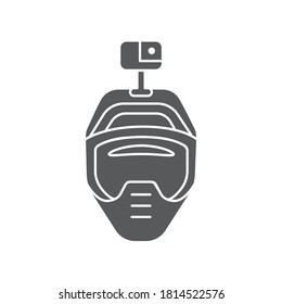 Motorcycle helmet with action camera black glyph icon. Photography and video surveillance concept. Head protection for extreme sports. Pictogram for web page, mobile app, promo.