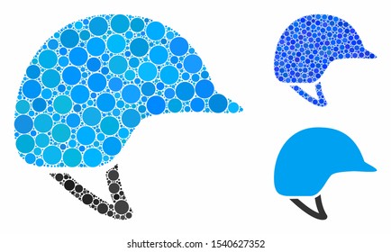 Motorcycle helmet composition of round dots in various sizes and color tinges, based on motorcycle helmet icon. Vector round dots are grouped into blue composition.