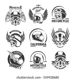 Motorcycle helmet design elements set with badges logos and labels in vintage style isolated vector illustration