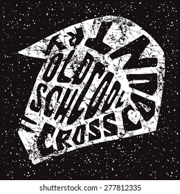 Motorcycle helmet emblem drawn by hand. Graphic design for t-shirt. White print on black background