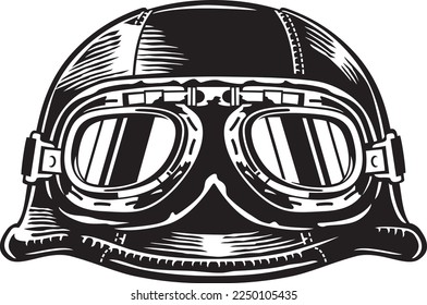 Casco de motocicleta con gafas. Icono de cosecha de moto. Diseño retro de estilo antiguo. Ilustración vectorial.