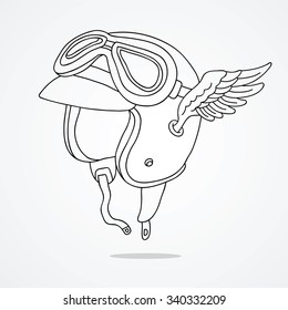 Motorcycle helmet with goggles and wings. Vector illustration on a light gray background, painted by hand.