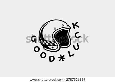 Motorcycle Helmet Good Luck Logo. Vintage motorcycle helmet logo featuring a bold rider helmet with good luck typography and retro styling. Classic biker emblem inspired by motorsports, custom garage culture, road adventures, and motorcycle lifestyle. Ideal for apparel, stickers, branding, racing teams, motorcycle clubs, and automotive-themed merchandise.