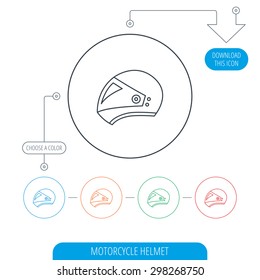 Motorcycle helmet icon. Biking sport sign. Line circle buttons. Download arrow symbol. Vector