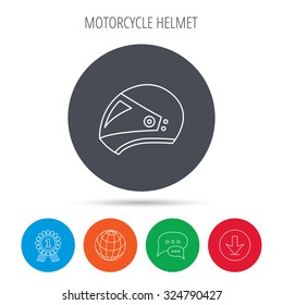 Motorcycle helmet icon. Biking sport sign. Globe, download and speech bubble buttons. Winner award symbol. Vector