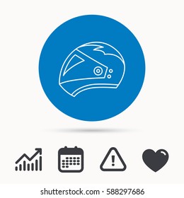 Motorcycle helmet icon. Biking sport sign. Calendar, attention sign and growth chart. Button with web icon. Vector