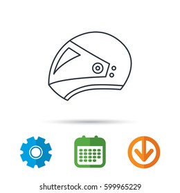 Motorcycle helmet icon. Biking sport sign. Calendar, cogwheel and download arrow signs. Colored flat web icons. Vector