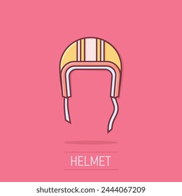 Motorcycle helmet icon in comic style. Safety cap cartoon vector illustration on isolated background. Racer hat splash effect sign business concept.